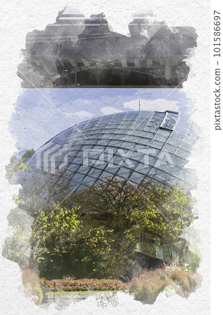 鳥取縣南部町水彩畫風格的鳥取花迴廊花穹和展望迴廊 101586697