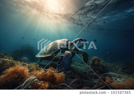A turtle gracefully swims through the coral, highlighting the fragility of the marine ecosystem and the importance of environmental sustainability. AI Generative. 101587365