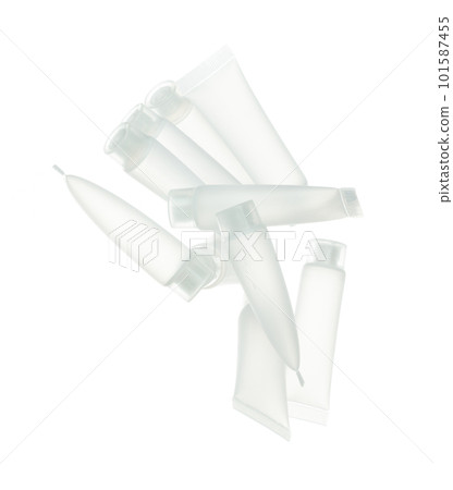 Cosmetic container white bottle fly splashing. Tube transparent in mid air. Many Moisturizer lotion cream bottle explosion flying many angle. White background isolated high speed shutter freeze motion Cosmetic container white bottle fly splashing. Tube transparent in mid air. Many Moisturizer lotion cream bottle explosion flying many angle. White background isolated high speed shutter freeze motion 101587455