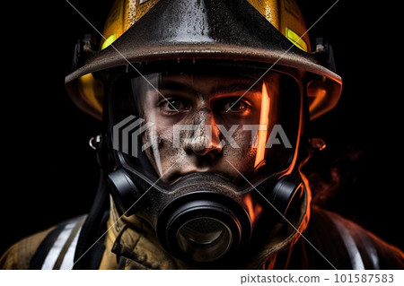 A closeup portrait of tired firefighter after struggling the fire, AI generative image A closeup portrait of tired firefighter after struggling the fire, AI generative image 101587583