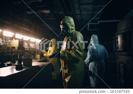Alarming situation with nuclear reactor or hazardous chemical production. Concerned people in yellow heavy full protective suits. People AI generative image 101587585