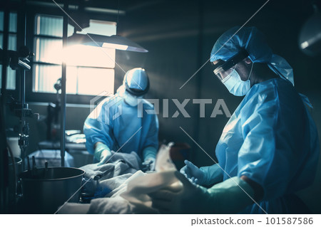Medics during surgery, low angle view. AI generative image of protective clothing low angle view. AI generative image 101587586