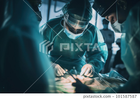 Medics during surgery, low angle view. AI generative image of protective clothing low angle view. AI generative image 101587587