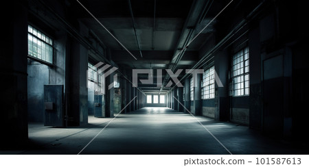 Interior of empty abandoned industrial or storage building or parking with tracks of vandalism, AI generative image Interior of empty abandoned industrial or storage building or parking with tracks of vandalism, AI generative image 101587613