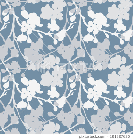 Spring blooming branches seamless pattern cherry flowers buds light silhouette on blue background Spring blooming branches seamless pattern cherry flowers buds light silhouette on blue background 101587620
