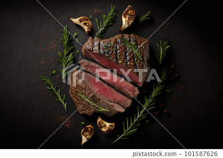 Just grilled medium rare beef steak with spices, top view at dark background, AI generative image 101587626