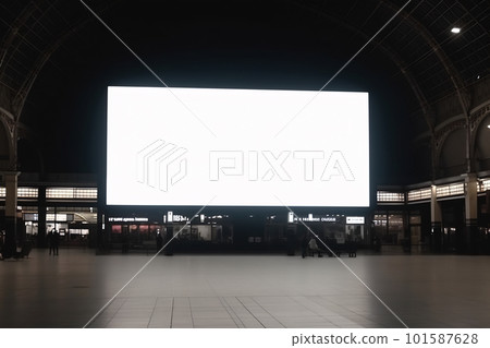 Large blank billboard inside huge classic railway station, AI generative image 101587628
