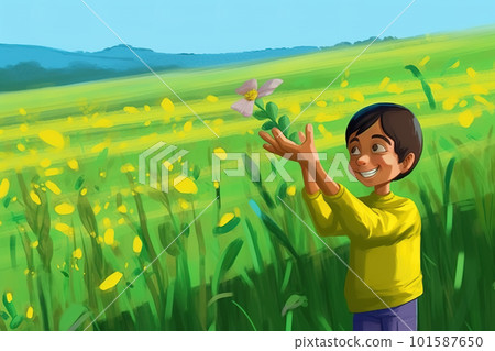 A young boy holding a butterfly in a field of flowers. AI generative image A young boy holding a butterfly in a field of flowers. AI generative image 101587650