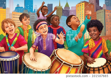 A painting of a group of children playing drums. AI generative image A painting of a group of children playing drums. AI generative image 101587665
