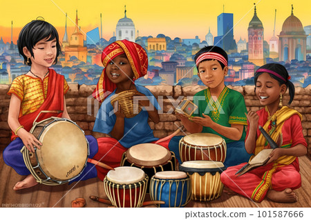 A painting of a group of children playing musical instruments. AI generative image A painting of a group of children playing musical instruments. AI generative image 101587666