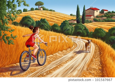 A painting of a woman riding a bike down a dirt road. AI generative image A painting of a woman riding a bike down a dirt road. AI generative image 101587667
