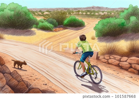 A drawing of a boy riding a bike down a dirt road. AI generative image A drawing of a boy riding a bike down a dirt road. AI generative image 101587668