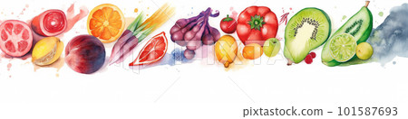 A painting of a variety of fruits and vegetables. AI generative image 101587693