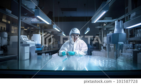 A man in a white protective lab coat working on a machine. AI generative image 101587728
