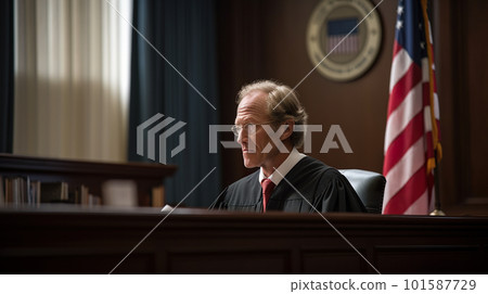 A judge sitting at a desk in front of an american flag. AI generative image 101587729