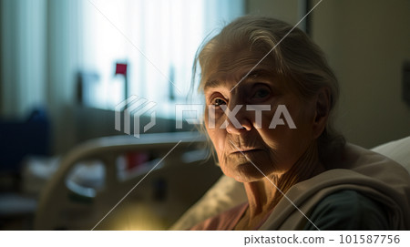 An elderly woman sitting in a hospital bed. AI generative image An elderly woman sitting in a hospital bed. AI generative image 101587756