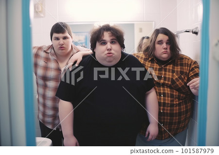 A group of fat ugly male teenagers standing in front of a mirror. AI generative image A group of fat ugly male teenagers standing in front of a mirror. AI generative image 101587979