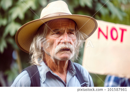 A man with a hat and a sign NOT in front of him. AI generative image A man with a hat and a sign NOT in front of him. AI generative image 101587981