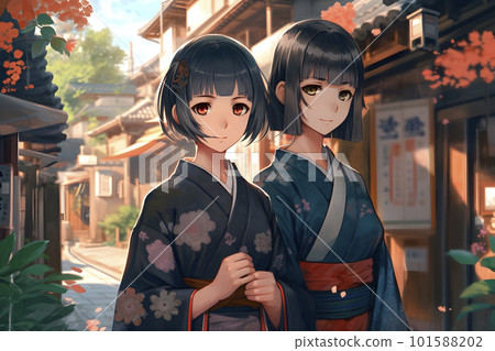 Two girls walking in kimono in historic Kyoto's Gion "AI generated image" 101588202