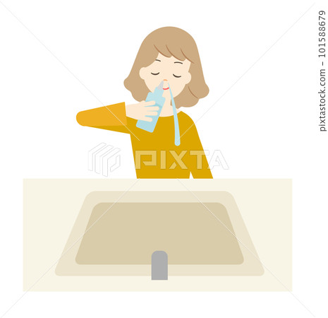 Illustration of a woman who gargles her nose (hay fever prevention, yellow sand prevention, cold prevention) (background is transparent) 101588679