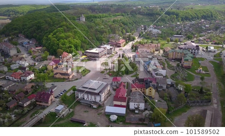 Aerial view of town of Halych, old Ukrainian capital in Ivano-Frankivsk region, Ukraine. 101589502