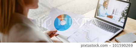 Businesswoman making online videoconference and demonstrate financial graphs to colleague in cafe 101590269