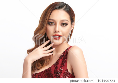 Beautiful young asian woman, with Red Dress, Elegant Woman in Sexy Evening Gown, Beautiful on White Background, 101590723