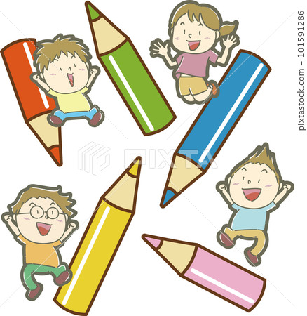 Children jumping happily with big colorful pencils 101591286