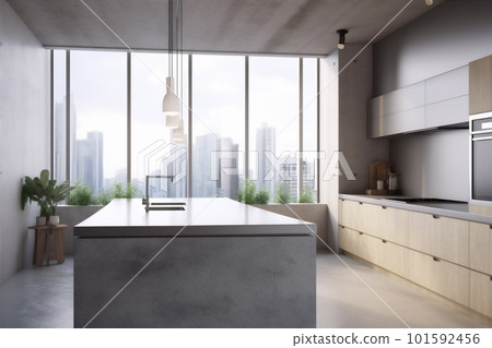 interior window living contemporary rendering new sink indoor design room residential furniture appliance. Generative AI. 101592456