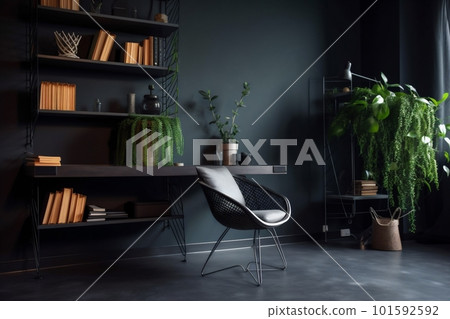 interior background workplace technology chair dark workspace monitor shelves stylish contemporary wooden. Generative AI. interior background workplace technology chair dark workspace monitor shelves stylish contemporary wooden. Generative AI. 101592592