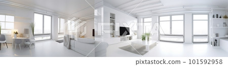 interior sofa seat apartment architecture panorama lcd furniture white chair. Generative AI. 101592958