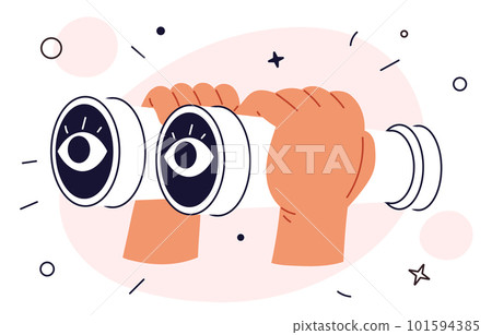 Hands hold binoculars and look through them. Big eyes looking for. Concept of searching for opportunities, decisions, spying, business ideas. 101594385