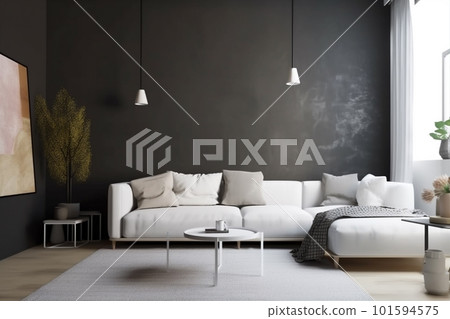 interior background scandinavian render room contemporary home empty sofa carpet green pillow simple. Generative AI. 101594575