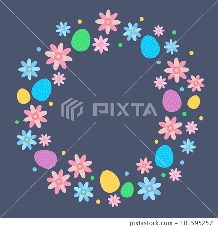 Happy easter card with lettering, flowers and eggs. Holiday vector illustration design in circular shape 101595257