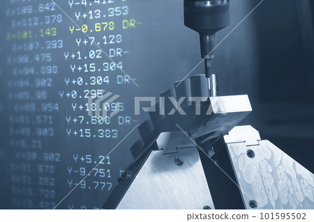 Abstract scene the 5-axis machining center cutting the water turbine blade part and G-code data background. 101595502