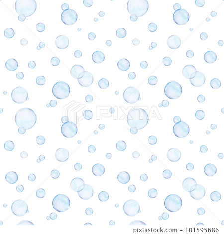 Watercolor drawn rapport of different size transparent air bubbles on white background. Picture for illustration, stickers, logo, textile printing, patterns. Scillfully colored spheres look realistic. 101595686