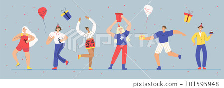 People celebrating. Happy celebration party, joyful women and men celebrating together with balloons and confetti. Dance celebration party isolated illustration. Birthday, festive event 101595948