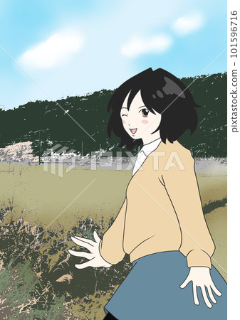 一個女孩與鄉村風景合影的插圖 一個女孩與鄉村風景合影的插圖 101596716