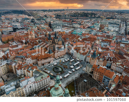 Panoramic aerial view of old Town square in Prague on a beautiful summer day, Czech Republic. Church of our Lady before Tyn and Prague Astronomical Clock Tower Panoramic aerial view of old Town square in Prague on a beautiful summer day, Czech Republic. Church of our Lady before Tyn and Prague Astronomical Clock Tower 101597088
