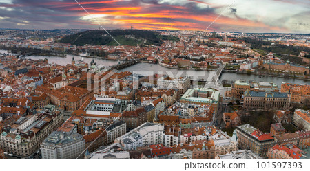 Scenic spring panoramic aerial view of the Old Town pier architecture and Charles Bridge over Vltava river in Prague, Czech Republic Scenic spring panoramic aerial view of the Old Town pier architecture and Charles Bridge over Vltava river in Prague, Czech Republic 101597393