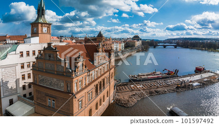 Scenic spring panoramic aerial view of the Old Town pier architecture and Charles Bridge over Vltava river in Prague, Czech Republic 101597492