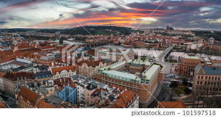 Scenic spring panoramic aerial view of the Old Town pier architecture and Charles Bridge over Vltava river in Prague, Czech Republic 101597518