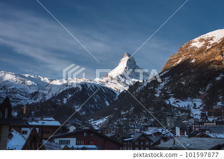 Scenic sunrise or sunset view of Matterhorn - one of the most famous and iconic Swiss mountains, Zermatt, Valais, Switzerland Scenic sunrise or sunset view of Matterhorn - one of the most famous and iconic Swiss mountains, Zermatt, Valais, Switzerland 101597877
