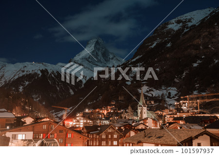Scenic sunrise or sunset view of Matterhorn - one of the most famous and iconic Swiss mountains, Zermatt, Valais, Switzerland 101597937