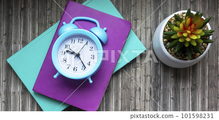 Multicolored notepads, blue alarm clock and cactus flower on a wooden table 101598231