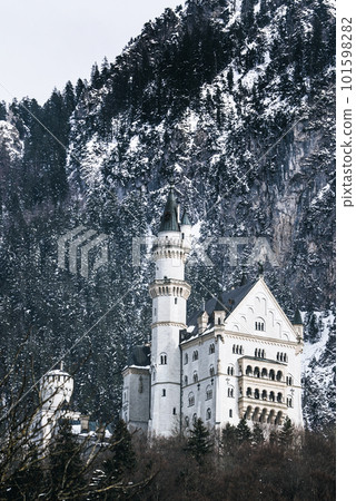 Beautiful view of the Neuschwanstein Castle or Schloss Neuschwanstein on a winter day, with the mountains and trees capped with snow all around it. Beautiful view of the Neuschwanstein Castle or Schloss Neuschwanstein on a winter day, with the mountains and trees capped with snow all around it. 101598282