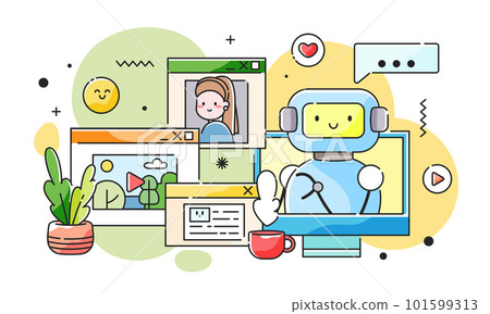 AI generates media content - pictures, photos, text, posts, articles and videos. Artificial intelligence and neural networks future concept. Cute cartoon robot generates digital content and art. 101599313