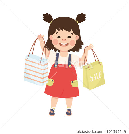 Cute happy brunette little girl carrying shopping bags cartoon vector illustration Cute happy brunette little girl carrying shopping bags cartoon vector illustration 101599349