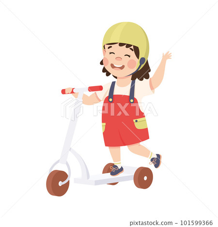Cute happy girl in safety helmet learning to ride kick scooter cartoon vector illustration Cute happy girl in safety helmet learning to ride kick scooter cartoon vector illustration 101599366