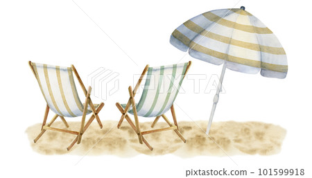 Hand drawn watercolor composition. Striped beach accessories, umbrellas and chairs on sand. Isolated on white background. Design wall art, wedding, print, fabric, cover, card, tourism, travel booklet. 101599918